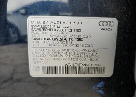 2011 Audi Q5 Premium Plus from USA, damaged, VIN WA1LFAFP2BA017962